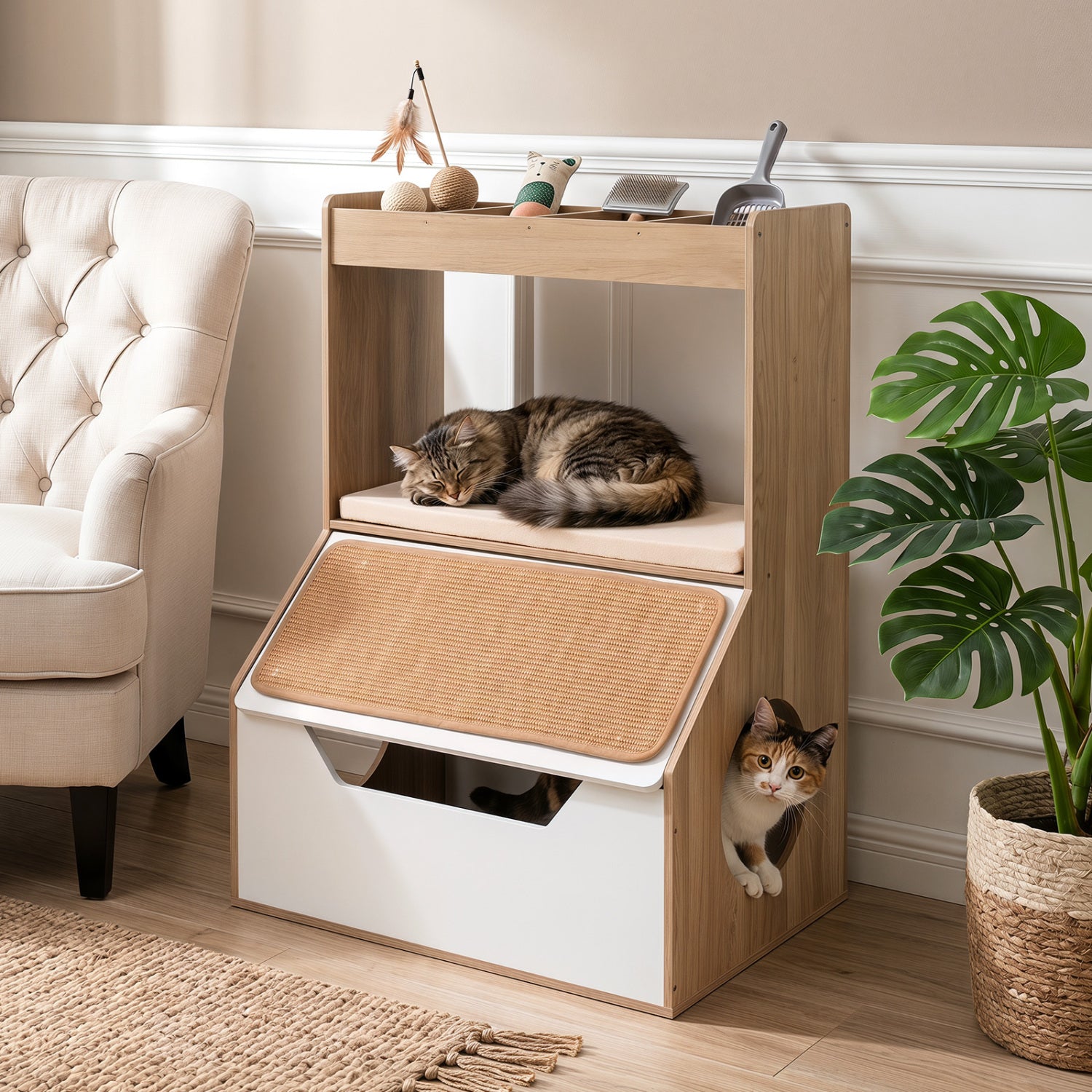 3-in-1 Hidden Cat House Cabinet with 4 Cubbies, Cushion, Scratching Pad, Natural Cat Houses at Gallery Canada