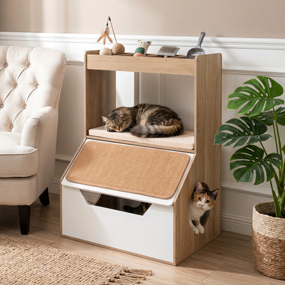 3-in-1 Hidden Cat House Cabinet with 4 Cubbies, Cushion, Scratching Pad, Natural Cat Houses at Gallery Canada