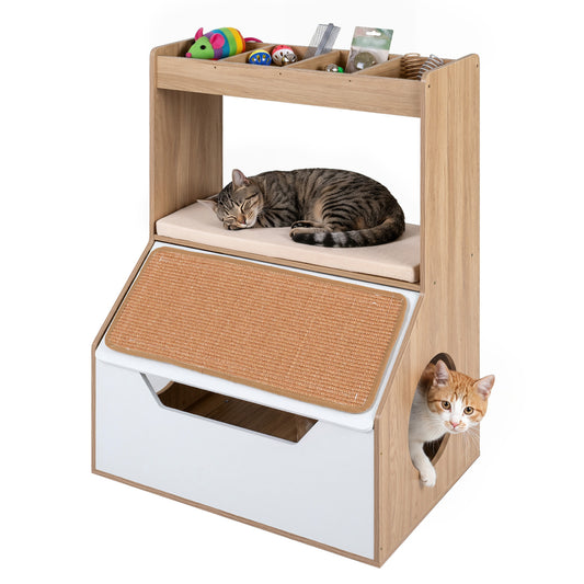 3-in-1 Hidden Cat House Cabinet with 4 Cubbies, Cushion, Scratching Pad, Natural Cat Houses Natural at Gallery Canada