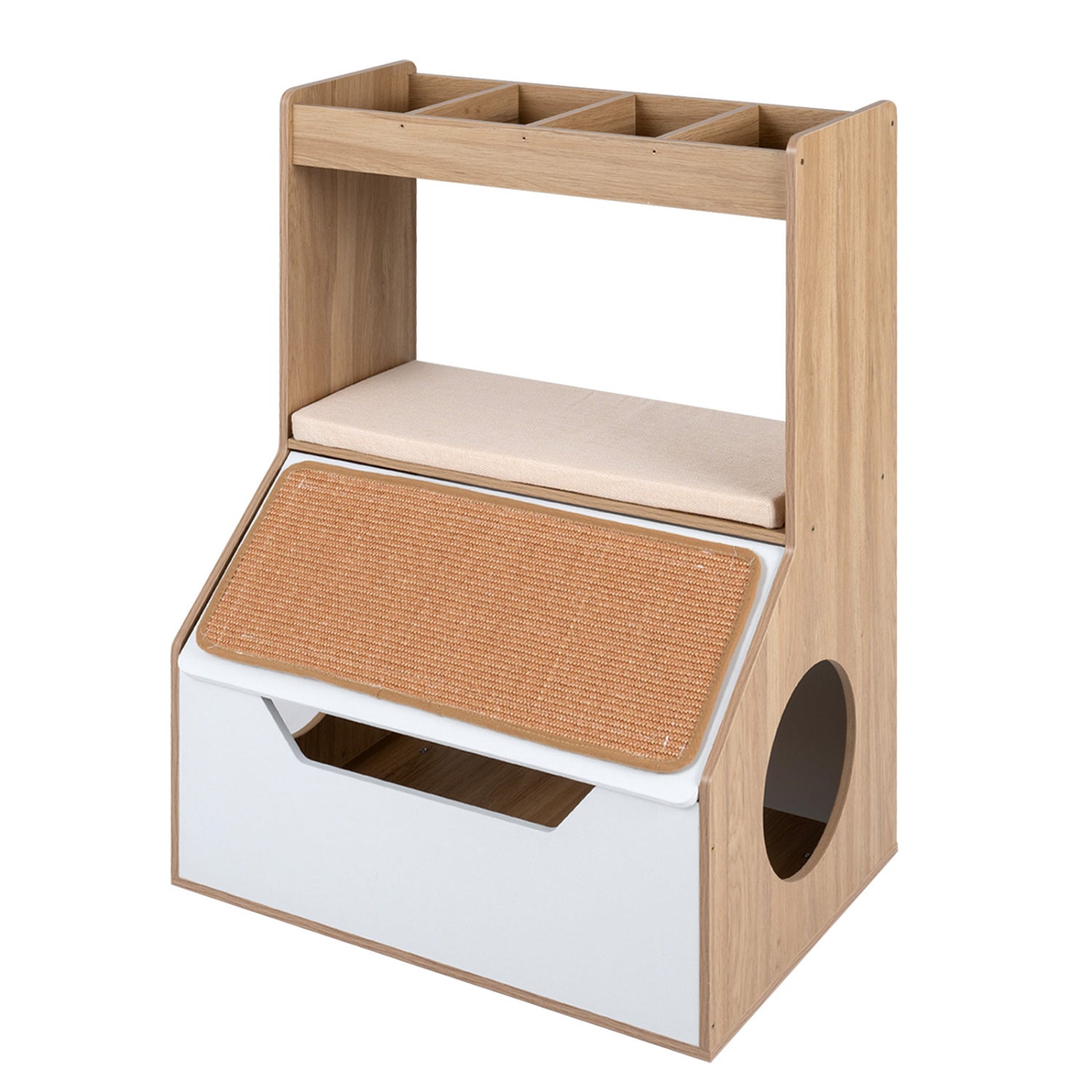 3-in-1 Hidden Cat House Cabinet with 4 Cubbies, Cushion, Scratching Pad, Natural Cat Houses at Gallery Canada