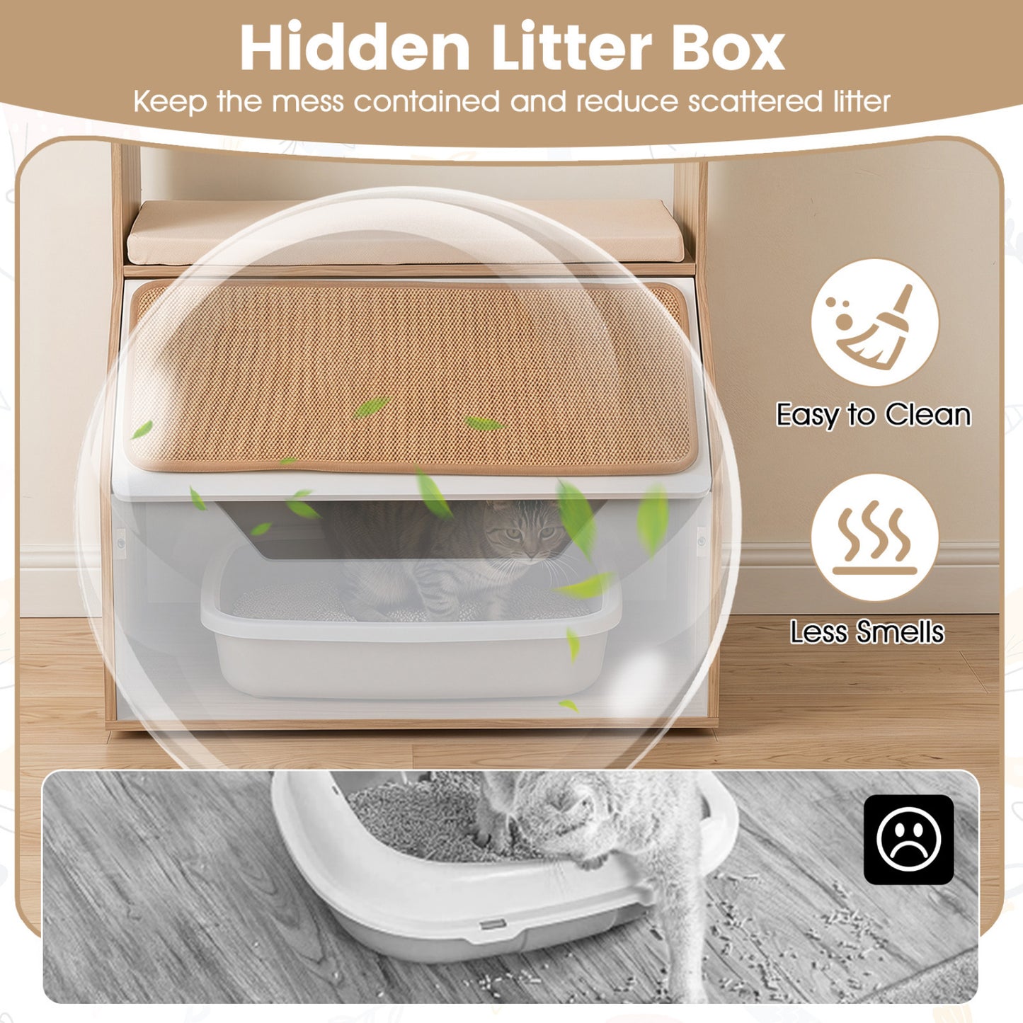 3-in-1 Hidden Cat House Cabinet with 4 Cubbies, Cushion, Scratching Pad, Natural Cat Houses at Gallery Canada