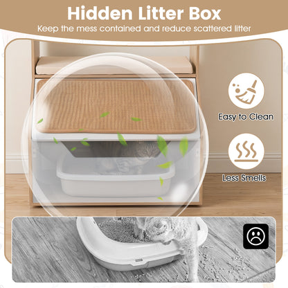 3-in-1 Hidden Cat House Cabinet with 4 Cubbies, Cushion, Scratching Pad, Natural Cat Houses at Gallery Canada