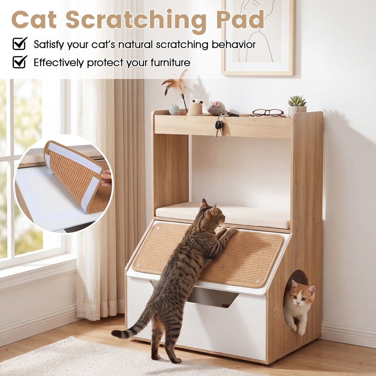 3-in-1 Hidden Cat House Cabinet with 4 Cubbies, Cushion, Scratching Pad, Natural Cat Houses at Gallery Canada