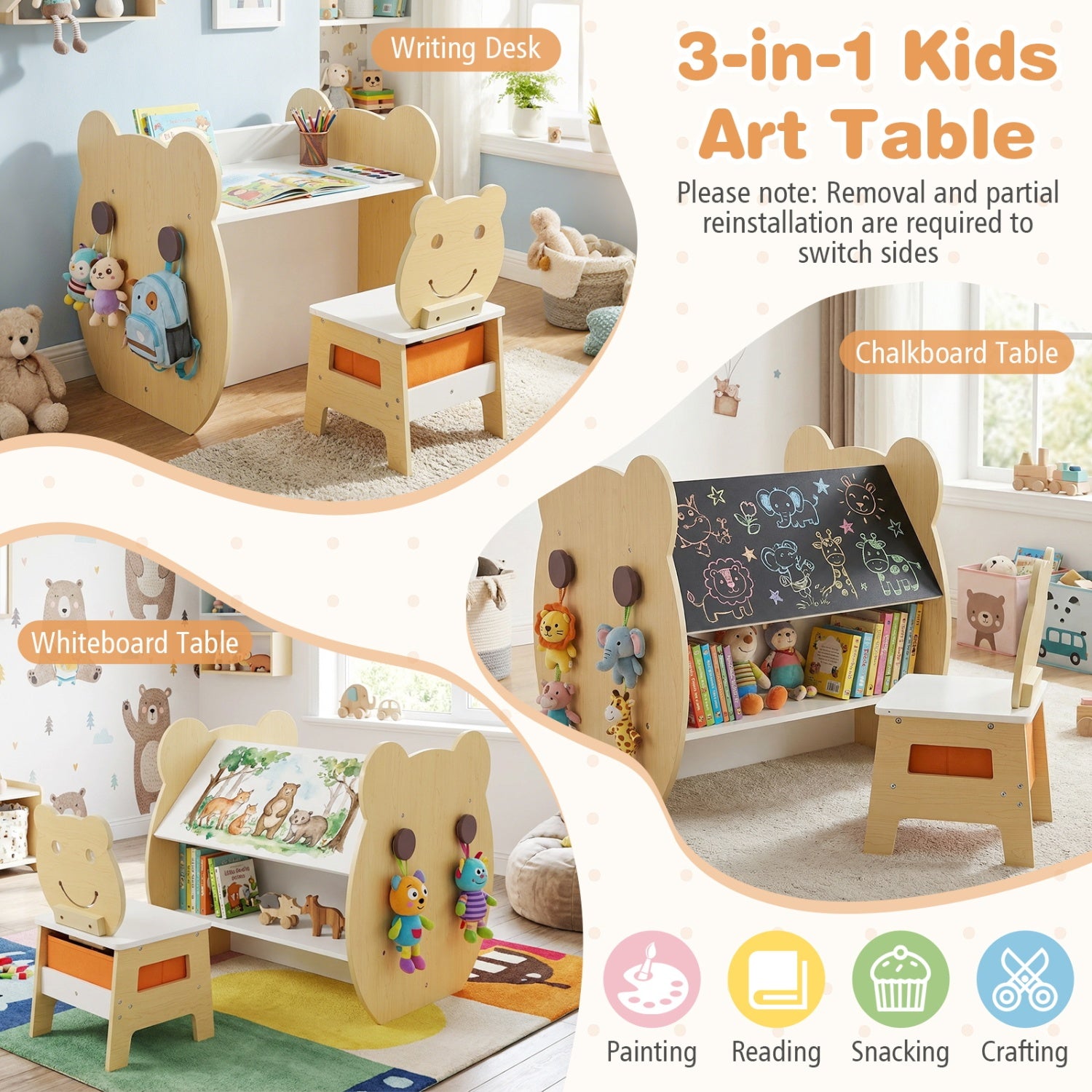 3-in-1 Kids Art Table and Chair with Storage and Reversible Whiteboard Chalkboard for Ages 3-10 Years Old, White Kids Table & Chair Sets at Gallery Canada