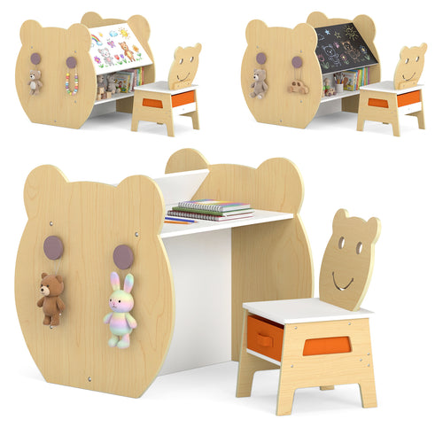 3-in-1 Kids Art Table and Chair with Storage and Reversible Whiteboard Chalkboard for Ages 3-10 Years Old, White