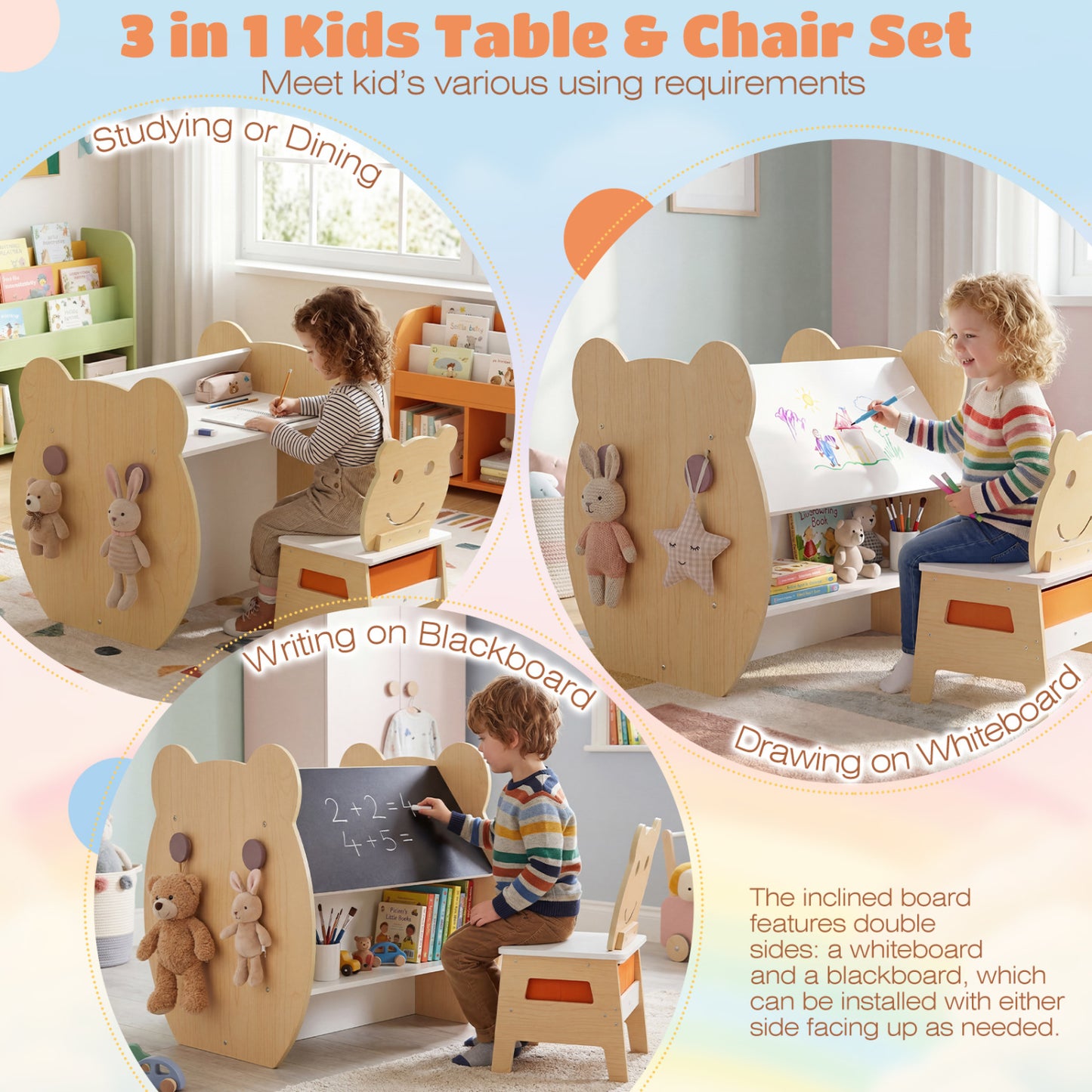 3-in-1 Kids Art Table and Chair with Storage and Reversible Whiteboard Chalkboard for Ages 3-10 Years Old, White Kids Table & Chair Sets at Gallery Canada