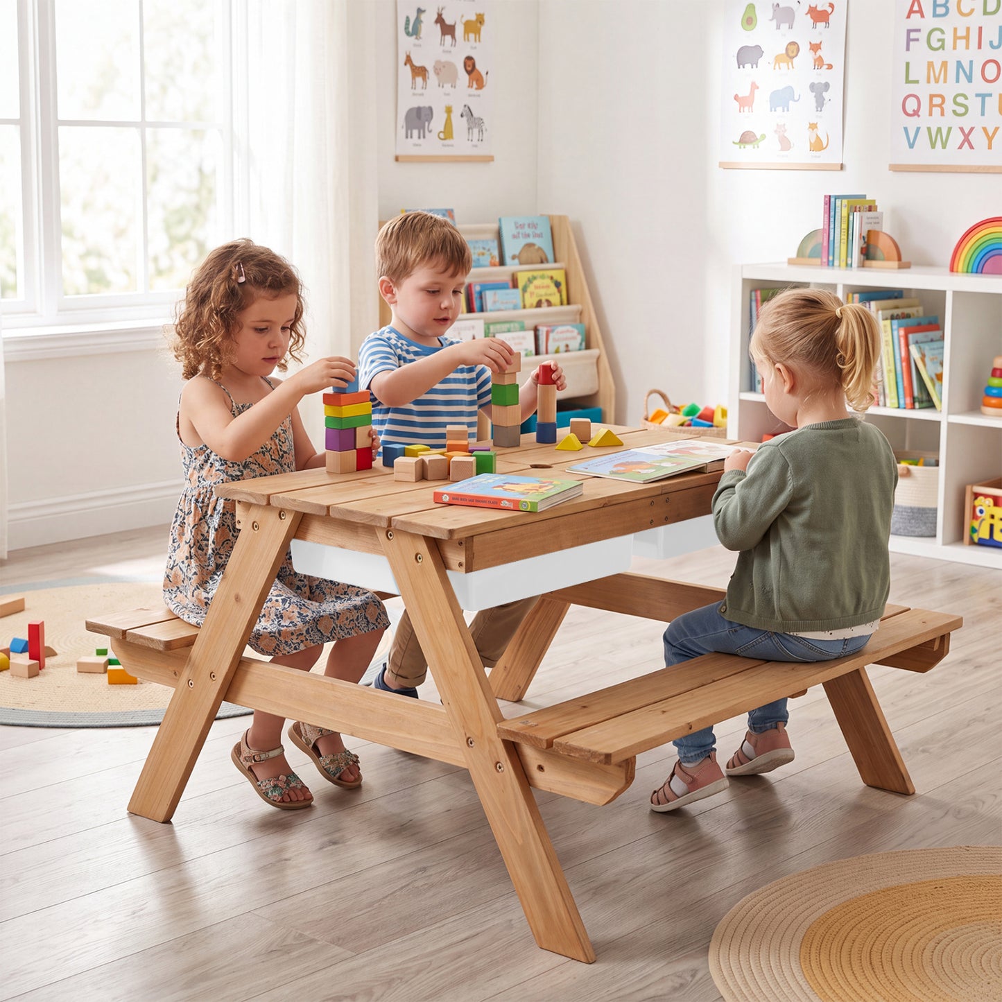 Table de pique-nique extérieure pour enfants 3-en-1 avec eau et sable, marine