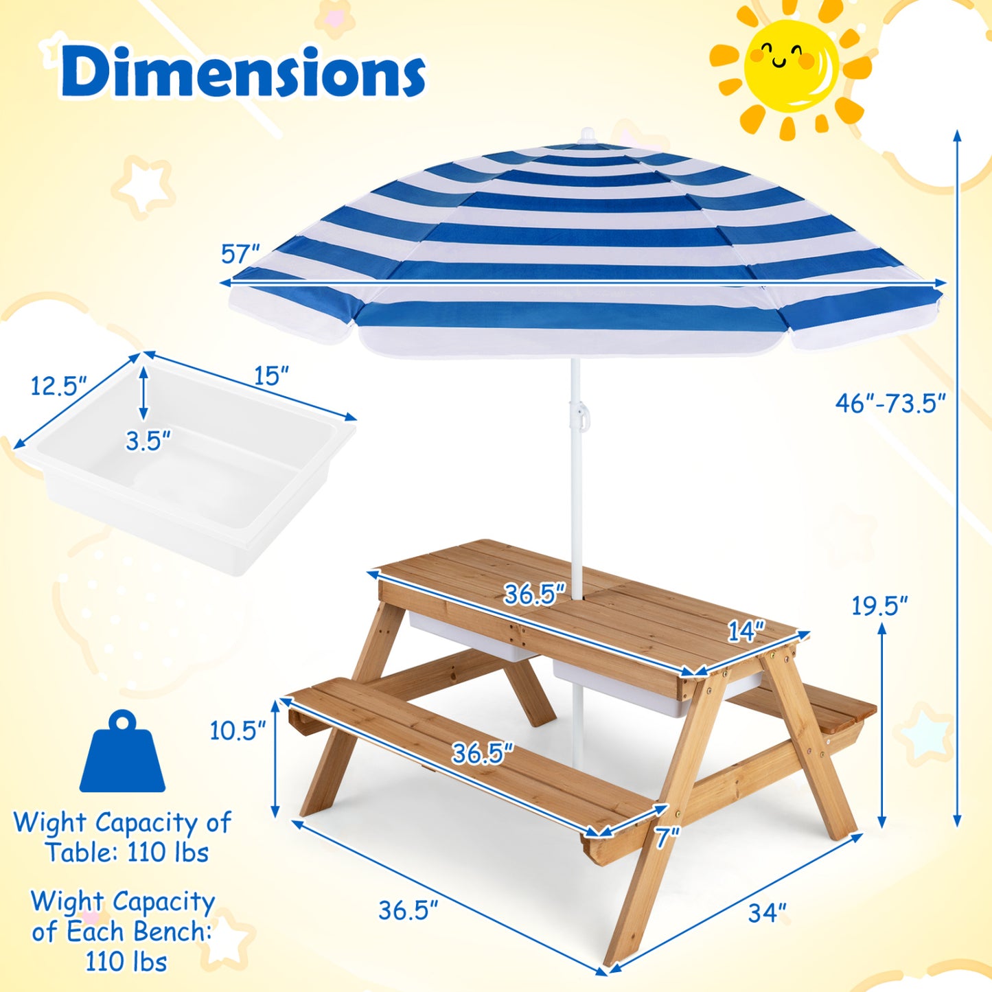 Table de pique-nique extérieure pour enfants 3-en-1 avec eau et sable, marine