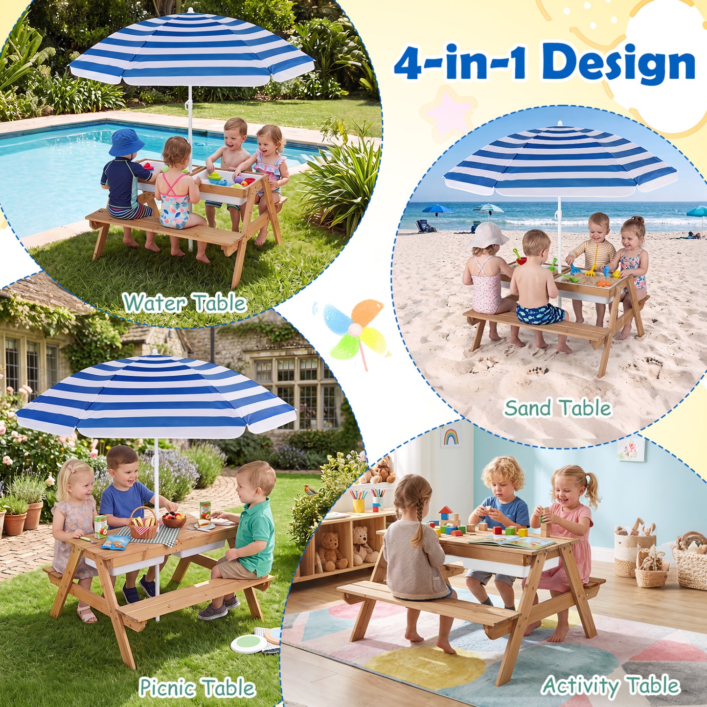 Table de pique-nique extérieure pour enfants 3-en-1 avec eau et sable, marine