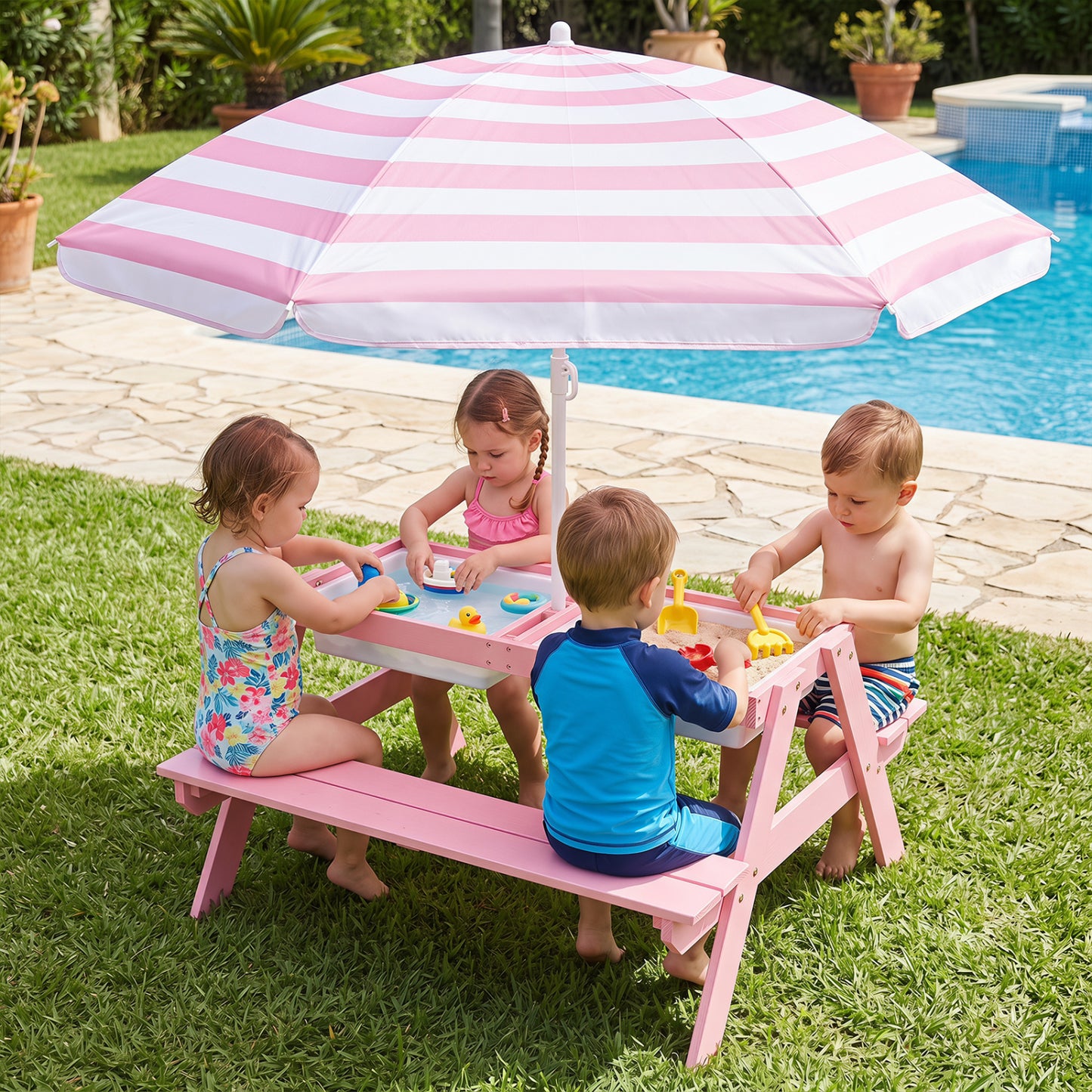 Table de pique-nique extérieure pour enfants avec parasol, rose
