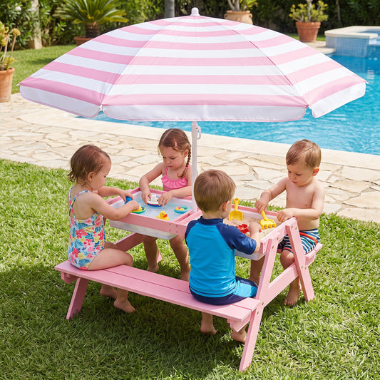 Kids Outdoor Picnic Sand Table with Umbrella, Pink Kids Table & Chair Sets Pink at Gallery Canada