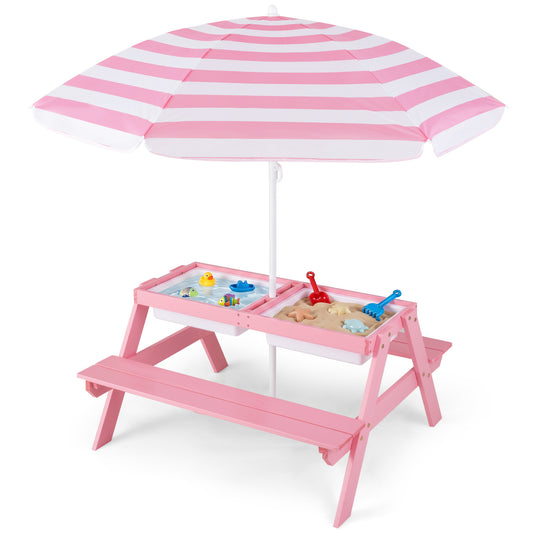 Kids Outdoor Picnic Sand Table with Umbrella, Pink Kids Table & Chair Sets Pink at Gallery Canada