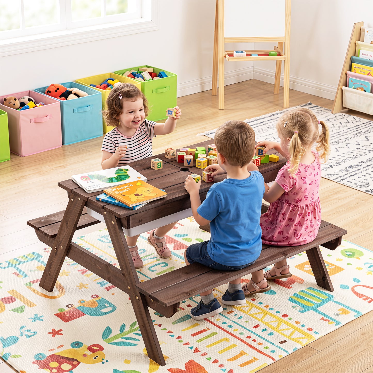 Table de pique-nique aquatique et à sable pour enfants avec parapluie, rouge