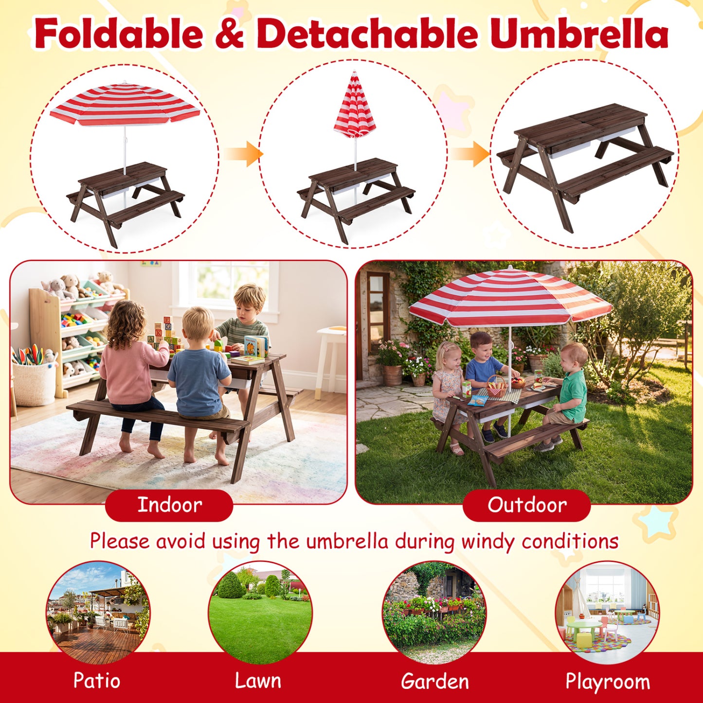 Table de pique-nique aquatique et à sable pour enfants avec parapluie, rouge