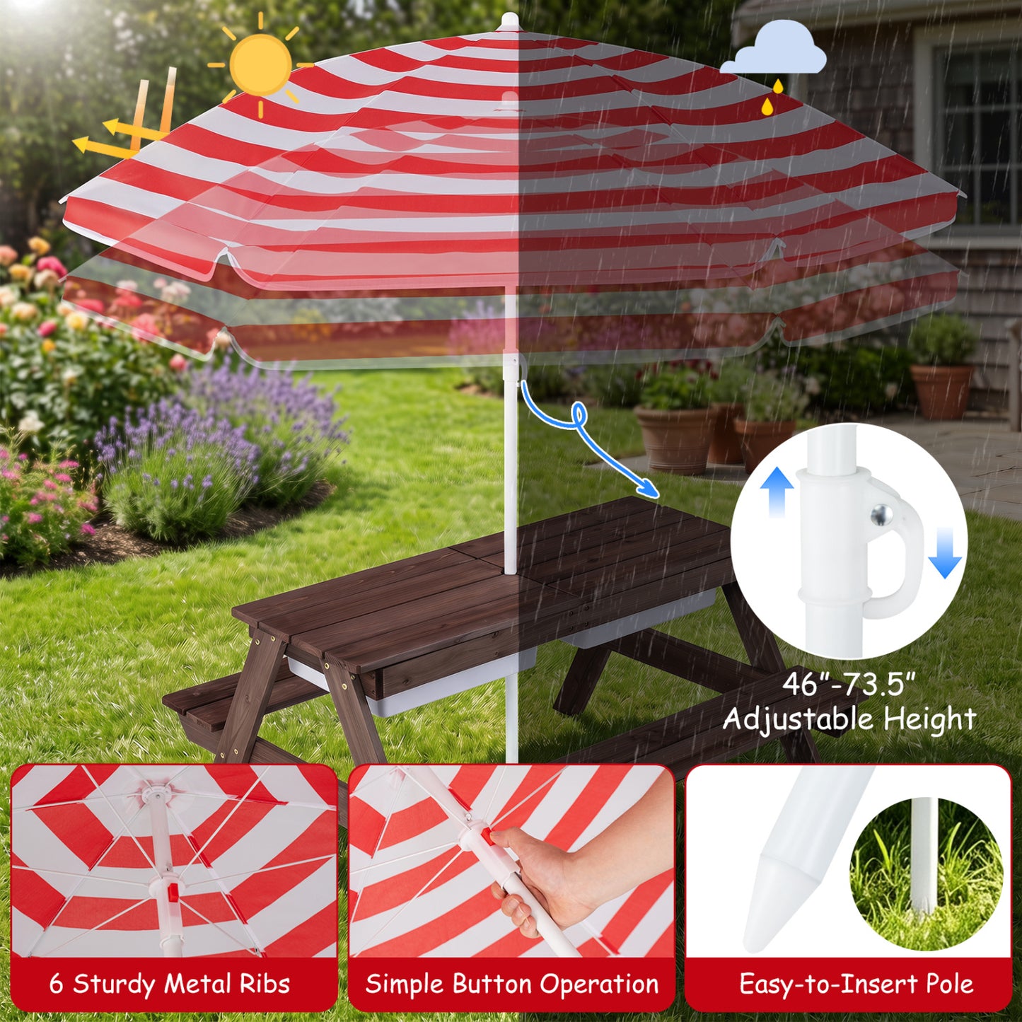 Table de pique-nique aquatique et à sable pour enfants avec parapluie, rouge