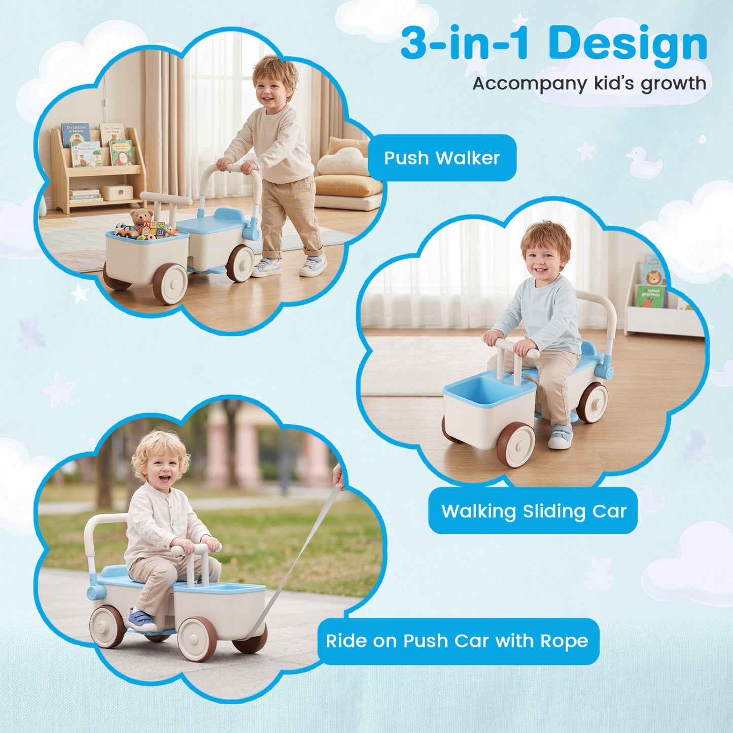 3-in-1 Kids Ride On Push Car, Blue