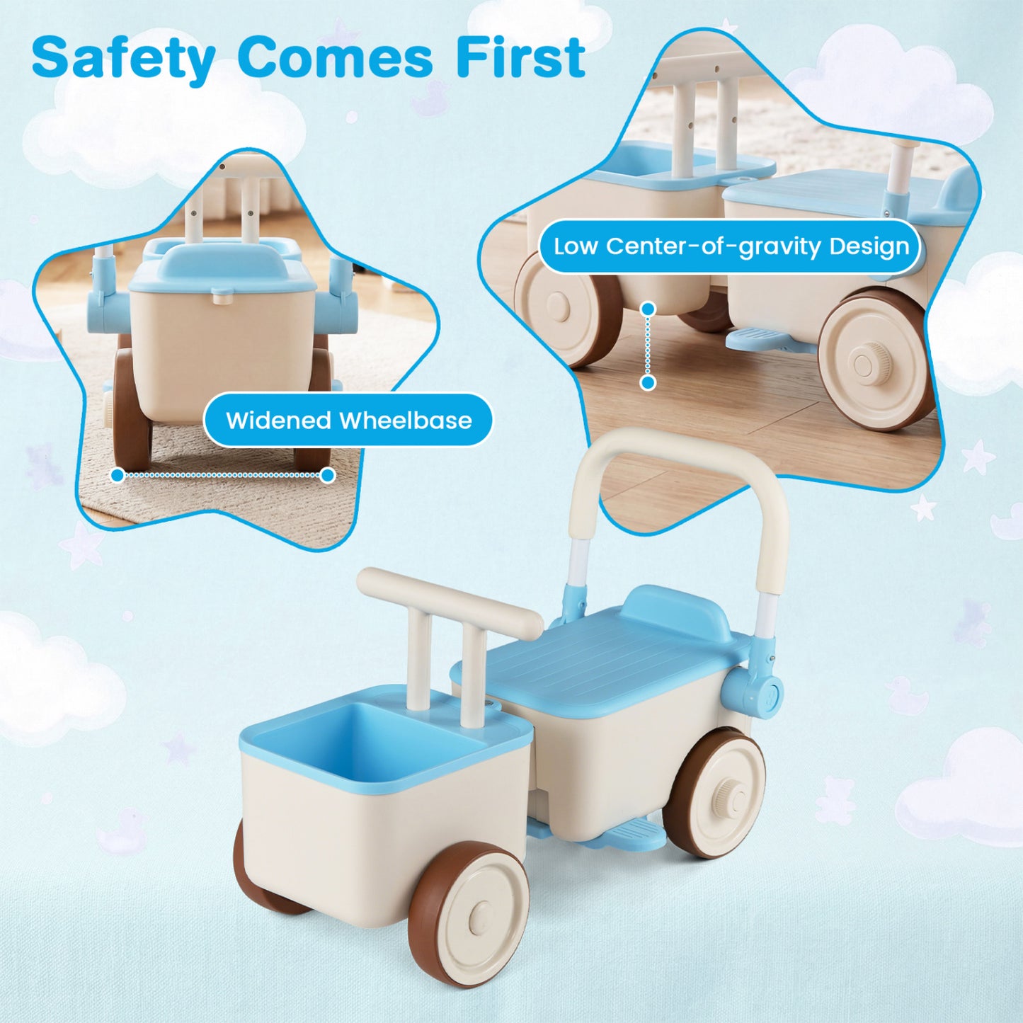 3-in-1 Kids Ride On Push Car, Blue