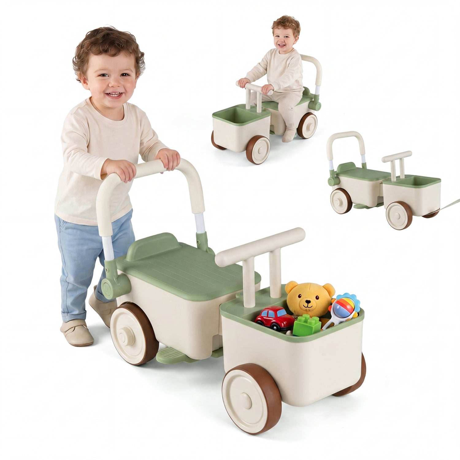 3-in-1 Kids Ride On Push Car with Rope and Storage Basket, Green Push & Pedal Ride On Toys at Gallery Canada
