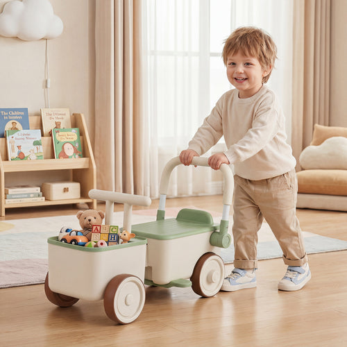 3-in-1 Kids Ride On Push Car with Rope and Storage Basket, Green