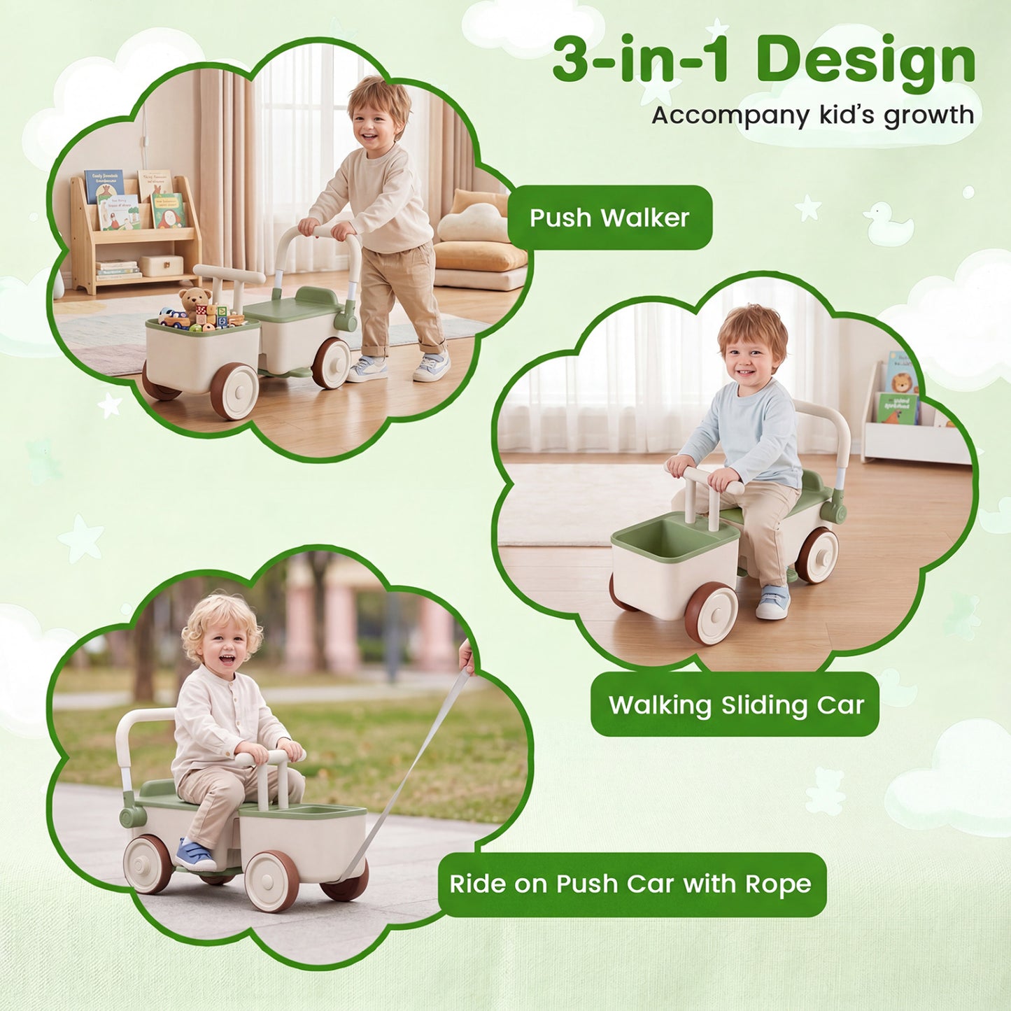 3-in-1 Kids Ride On Push Car with Rope and Storage Basket, Green Push & Pedal Ride On Toys at Gallery Canada