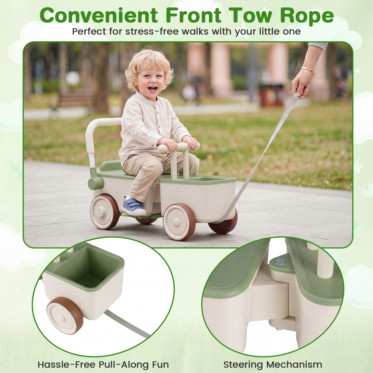 3-in-1 Kids Ride On Push Car with Rope and Storage Basket, Green Push & Pedal Ride On Toys at Gallery Canada
