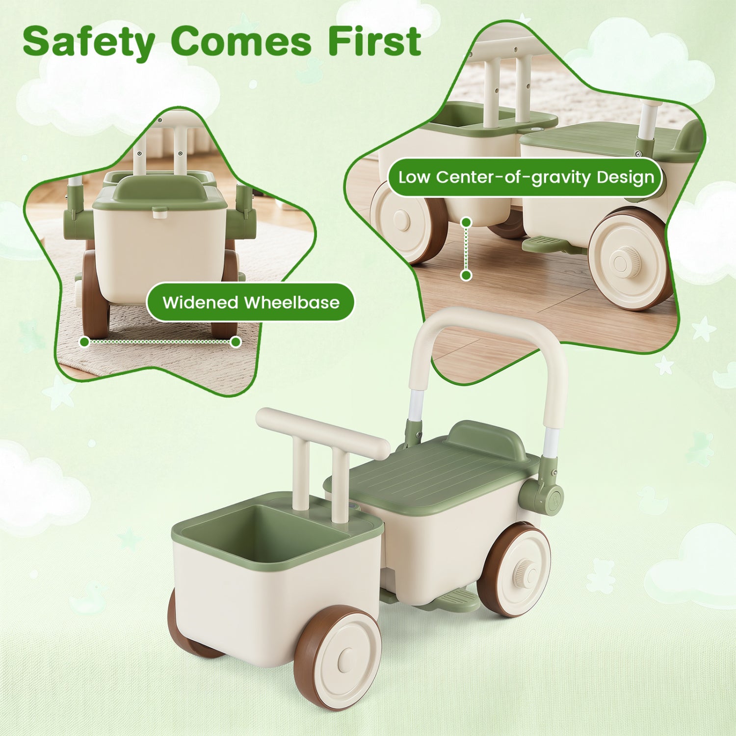 3-in-1 Kids Ride On Push Car with Rope and Storage Basket, Green Push & Pedal Ride On Toys at Gallery Canada
