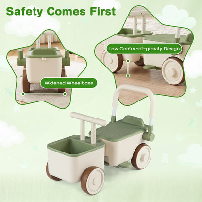 3-in-1 Kids Ride On Push Car with Rope and Storage Basket, Green Push & Pedal Ride On Toys at Gallery Canada
