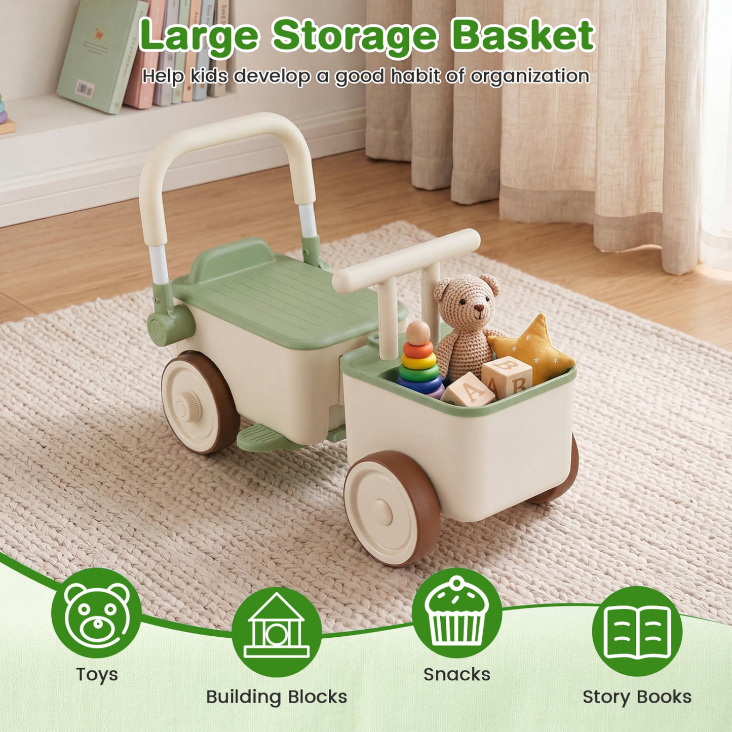 3-in-1 Kids Ride On Push Car with Rope and Storage Basket, Green Push & Pedal Ride On Toys at Gallery Canada