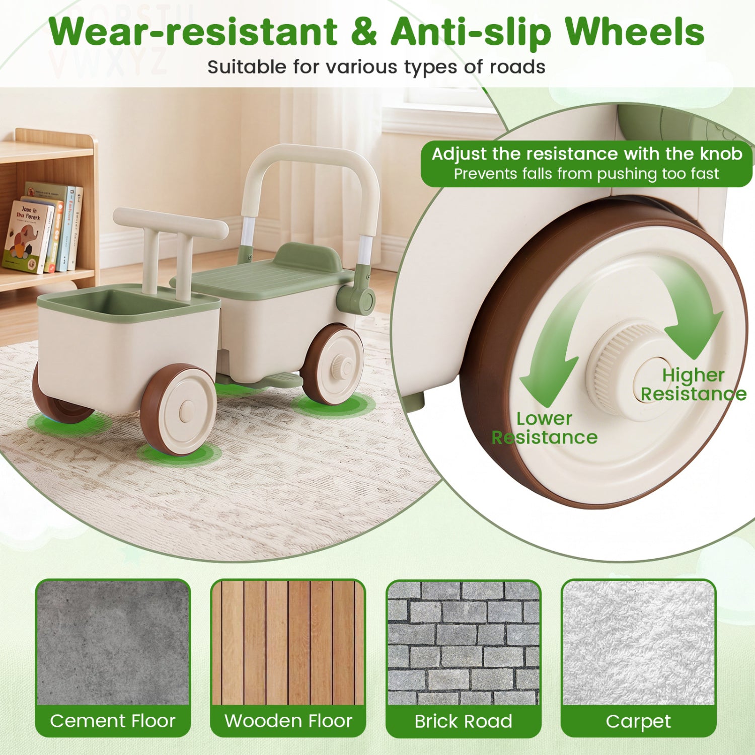 3-in-1 Kids Ride On Push Car with Rope and Storage Basket, Green Push & Pedal Ride On Toys at Gallery Canada