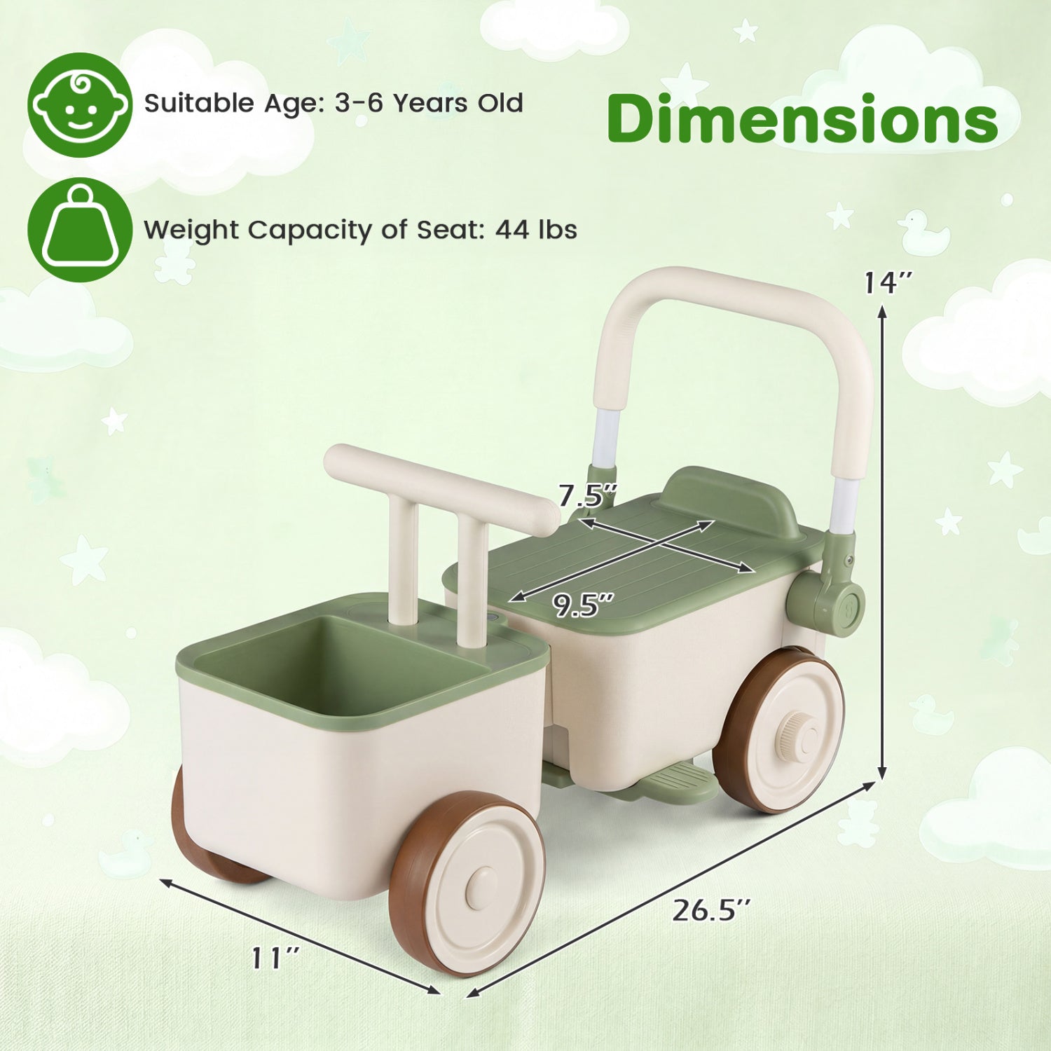 3-in-1 Kids Ride On Push Car with Rope and Storage Basket, Green Push & Pedal Ride On Toys at Gallery Canada