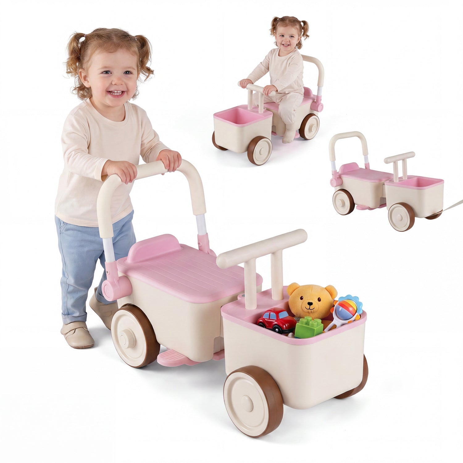 3-in-1 Kids Ride On Push Car with Rope and Storage Basket, Pink Push & Pedal Ride On Toys at Gallery Canada