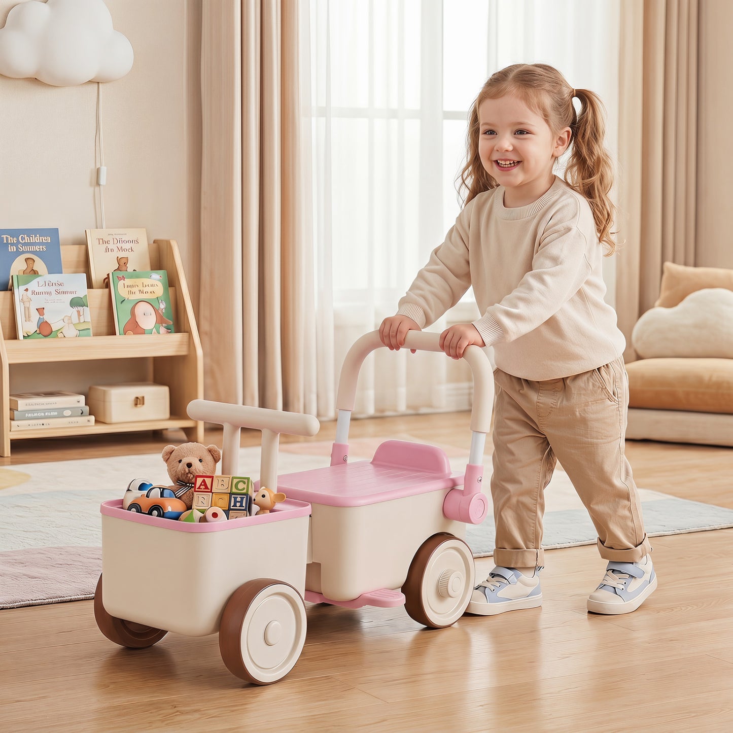 3-in-1 Kids Ride On Push Car with Rope and Storage Basket, Pink Push & Pedal Ride On Toys at Gallery Canada