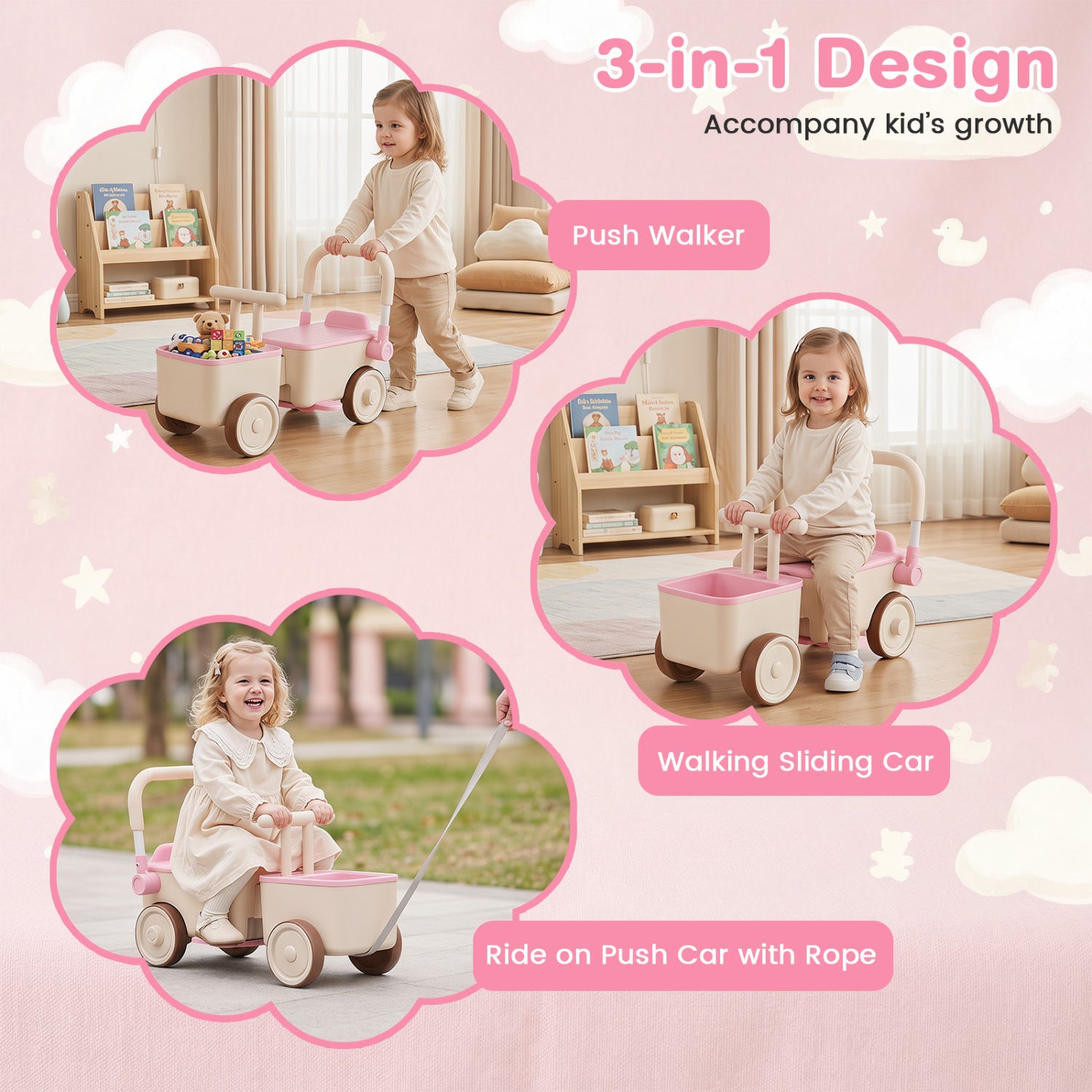 3-in-1 Kids Ride On Push Car with Rope and Storage Basket, Pink Push & Pedal Ride On Toys at Gallery Canada