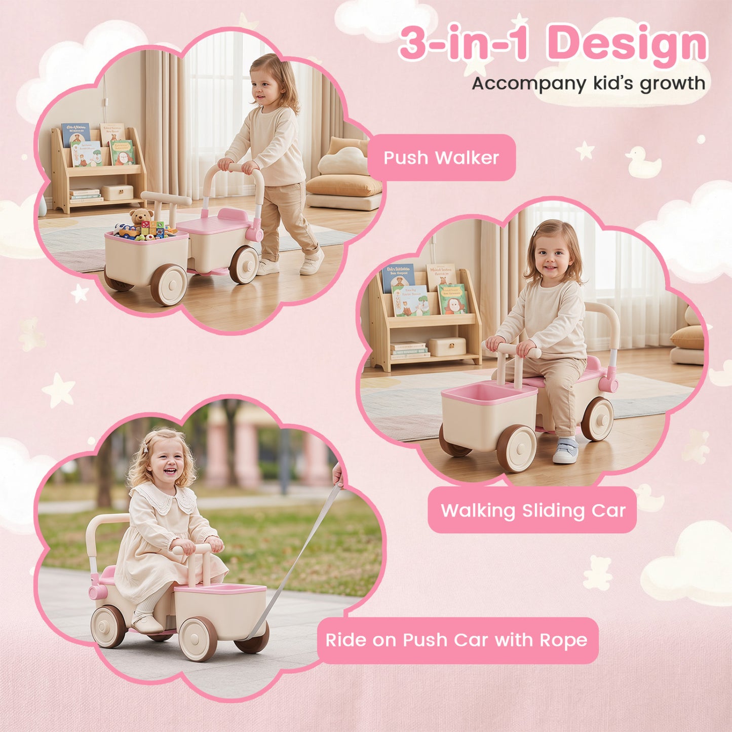 3-in-1 Kids Ride On Push Car with Rope and Storage Basket, Pink Push & Pedal Ride On Toys at Gallery Canada