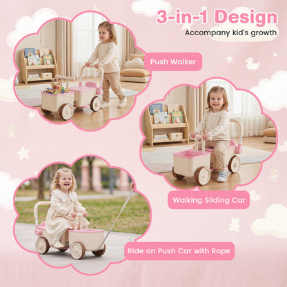 3-in-1 Kids Ride On Push Car with Rope and Storage Basket, Pink Push & Pedal Ride On Toys at Gallery Canada