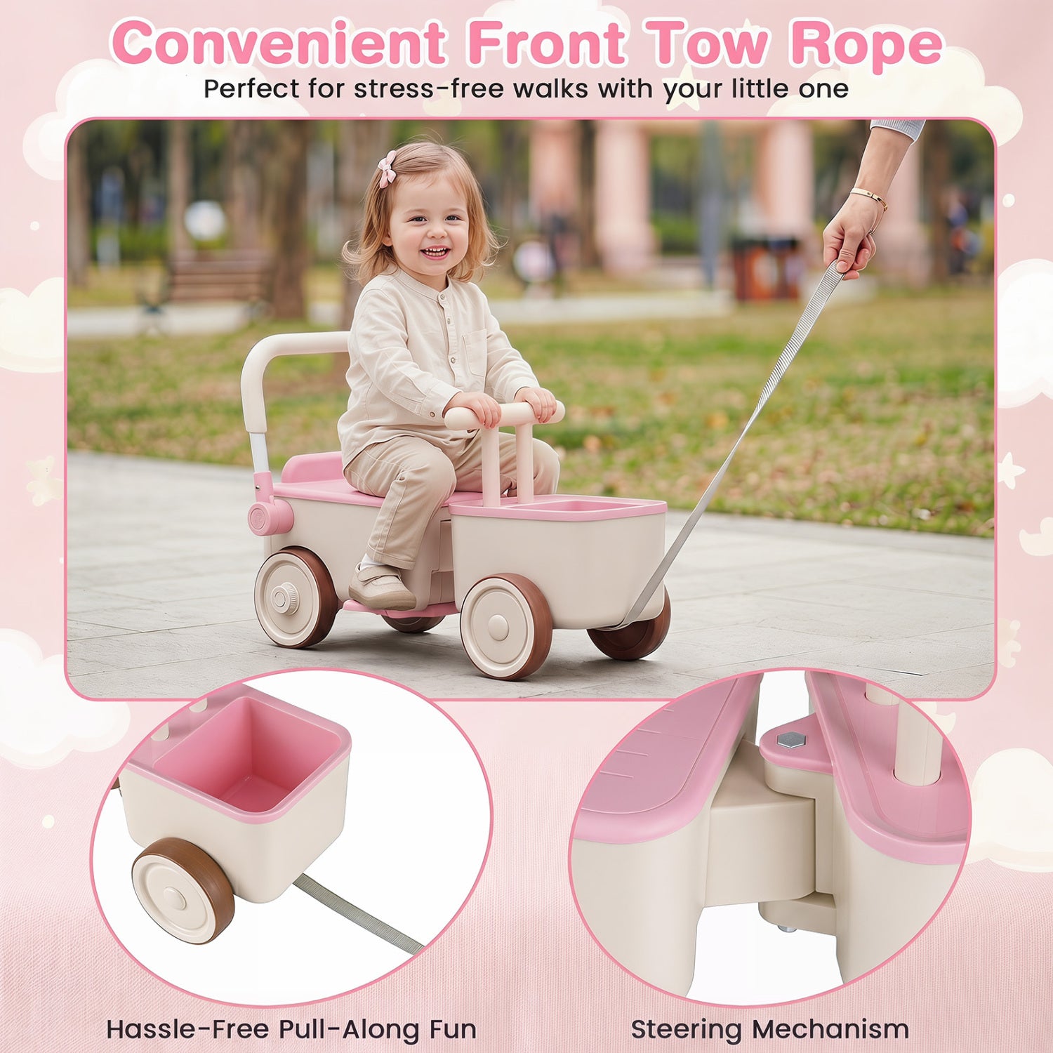 3-in-1 Kids Ride On Push Car with Rope and Storage Basket, Pink Push & Pedal Ride On Toys at Gallery Canada