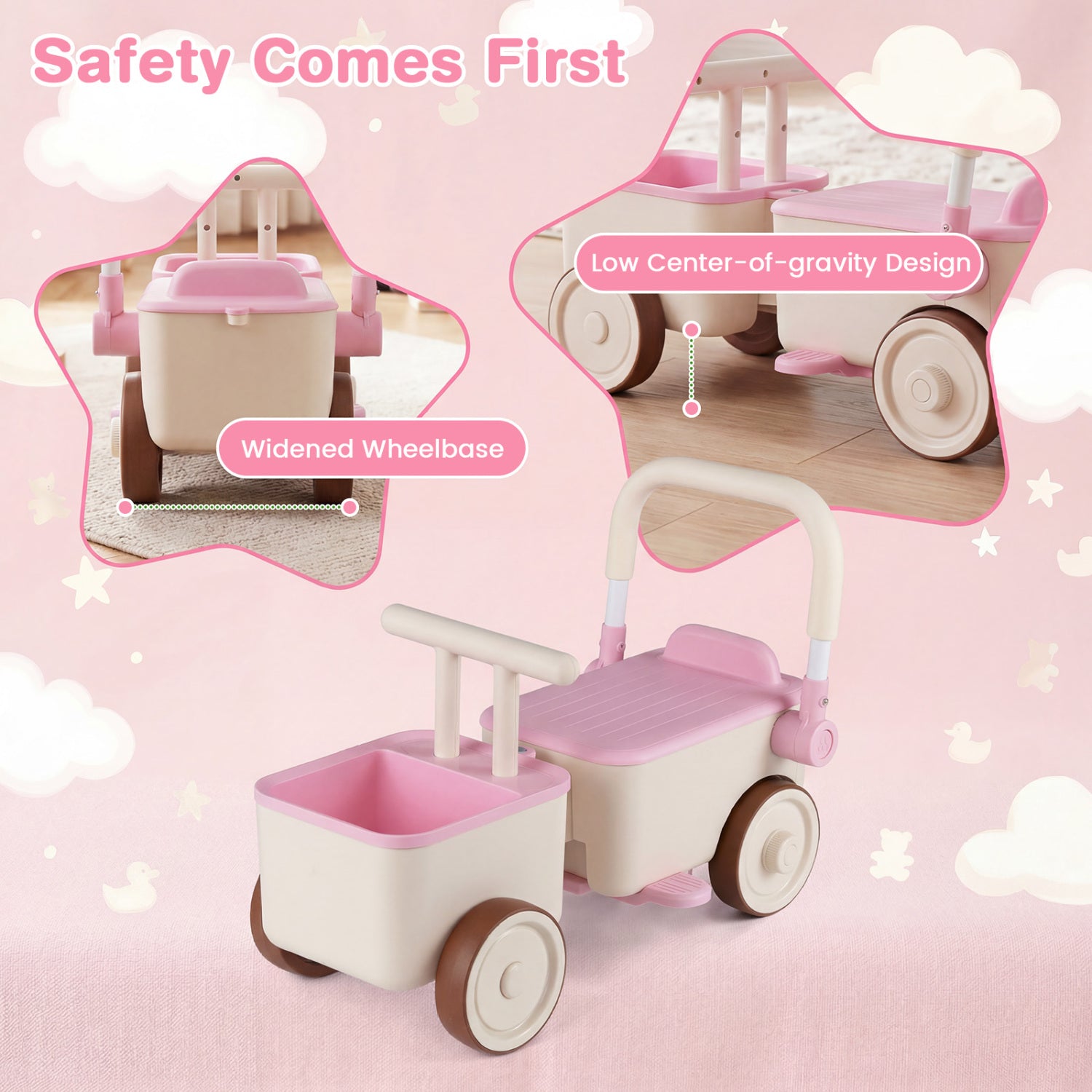 3-in-1 Kids Ride On Push Car with Rope and Storage Basket, Pink Push & Pedal Ride On Toys at Gallery Canada