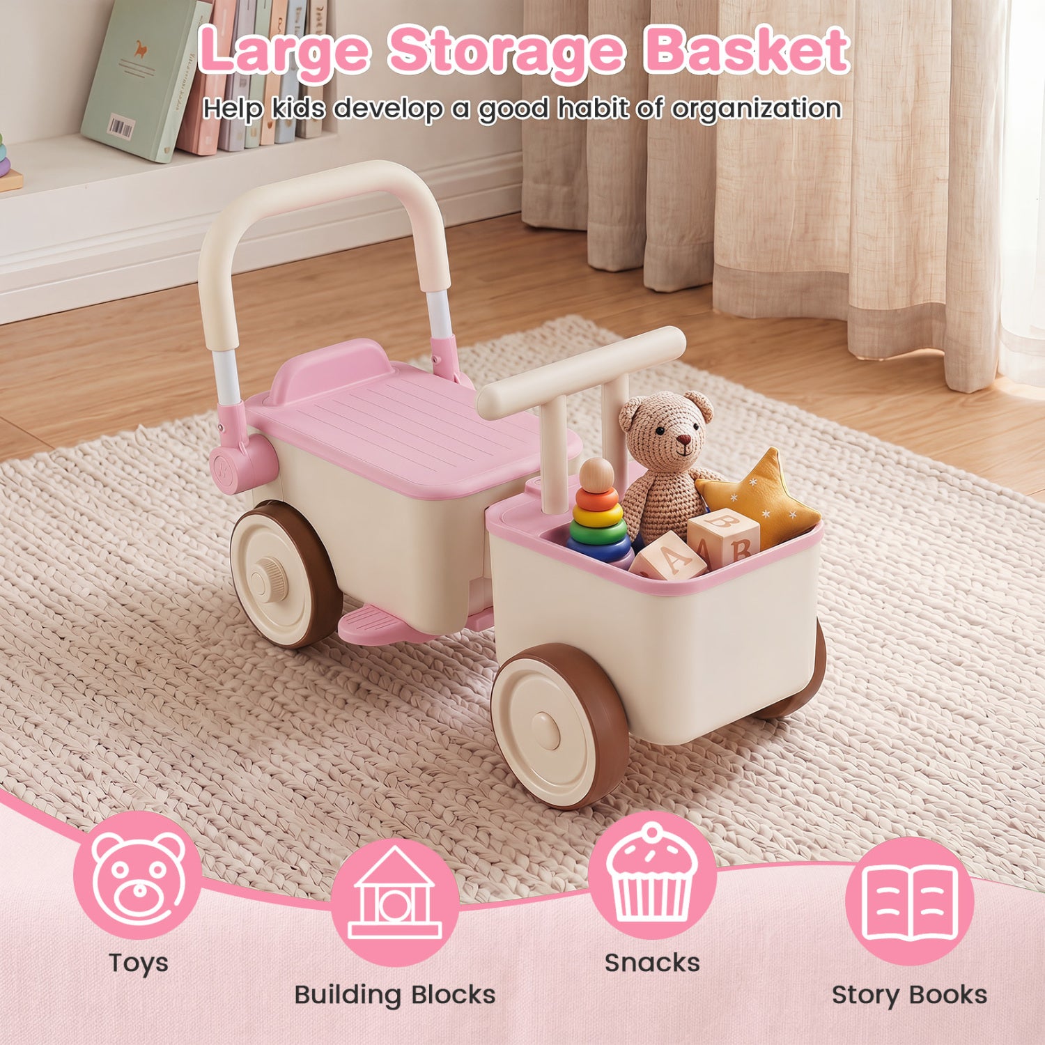 3-in-1 Kids Ride On Push Car with Rope and Storage Basket, Pink Push & Pedal Ride On Toys at Gallery Canada