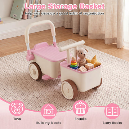 3-in-1 Kids Ride On Push Car with Rope and Storage Basket, Pink Push & Pedal Ride On Toys at Gallery Canada