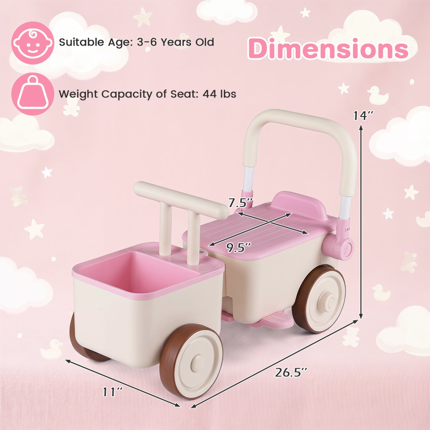 3-in-1 Kids Ride On Push Car with Rope and Storage Basket, Pink Push & Pedal Ride On Toys at Gallery Canada