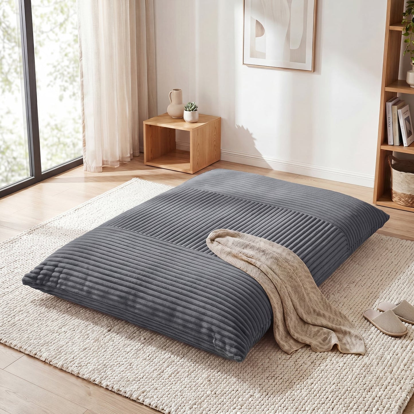 3-in-1 Large Corduroy Bean Bag Chair, Gray