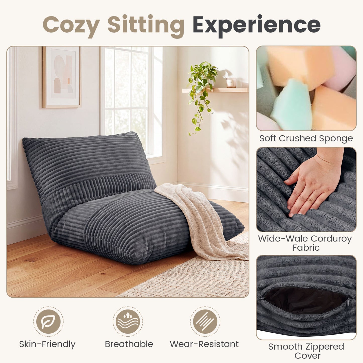 3-in-1 Large Corduroy Bean Bag Chair, Gray