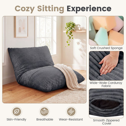 3-in-1 Large Corduroy Bean Bag Chair, Gray