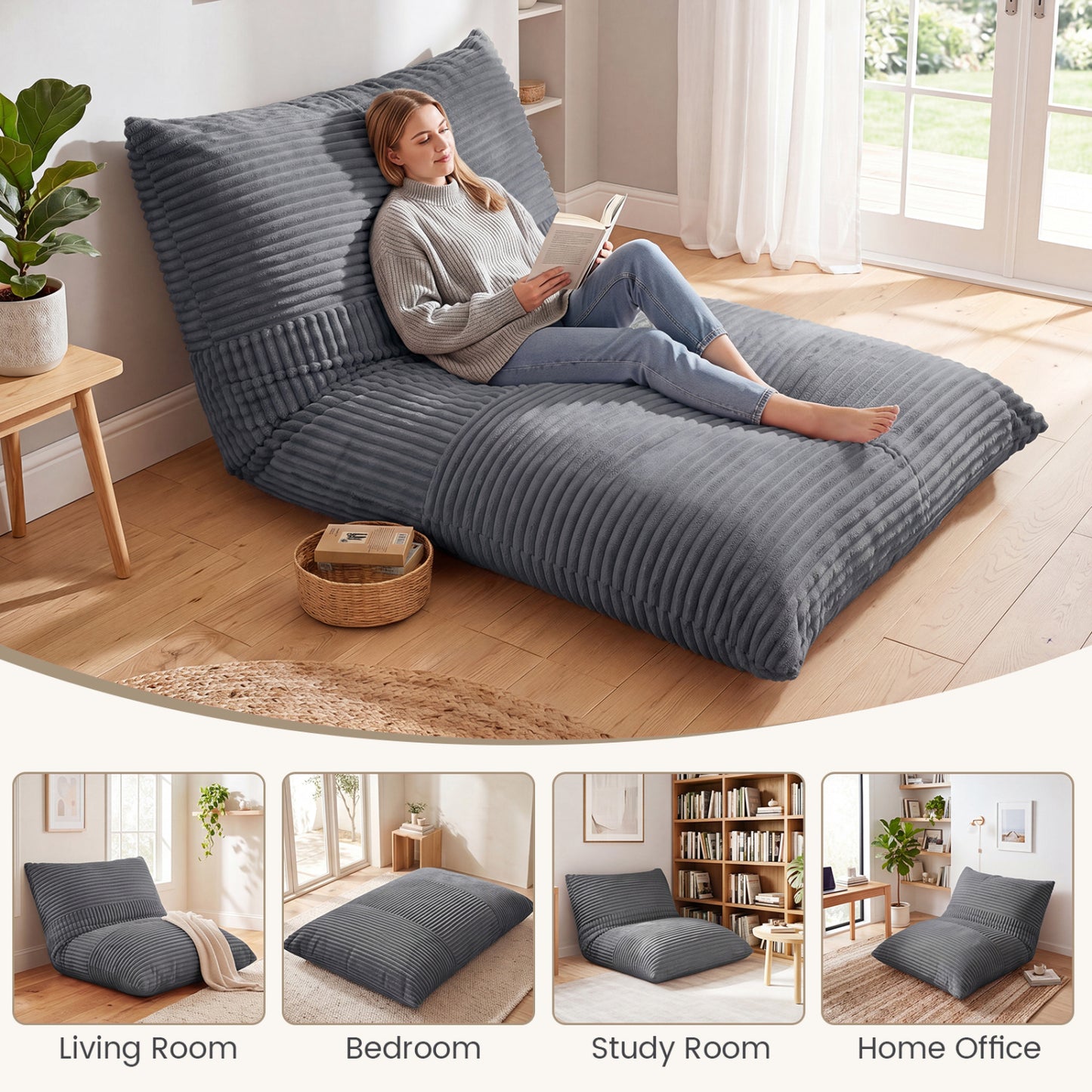 3-in-1 Large Corduroy Bean Bag Chair, Gray