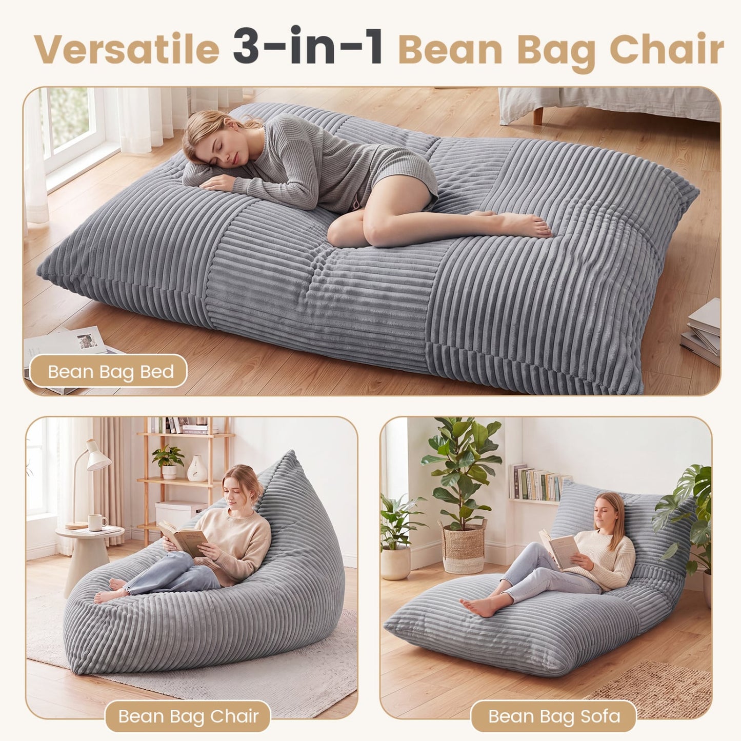 3-in-1 Large Bean Bag Chair Corduroy, Light Gray