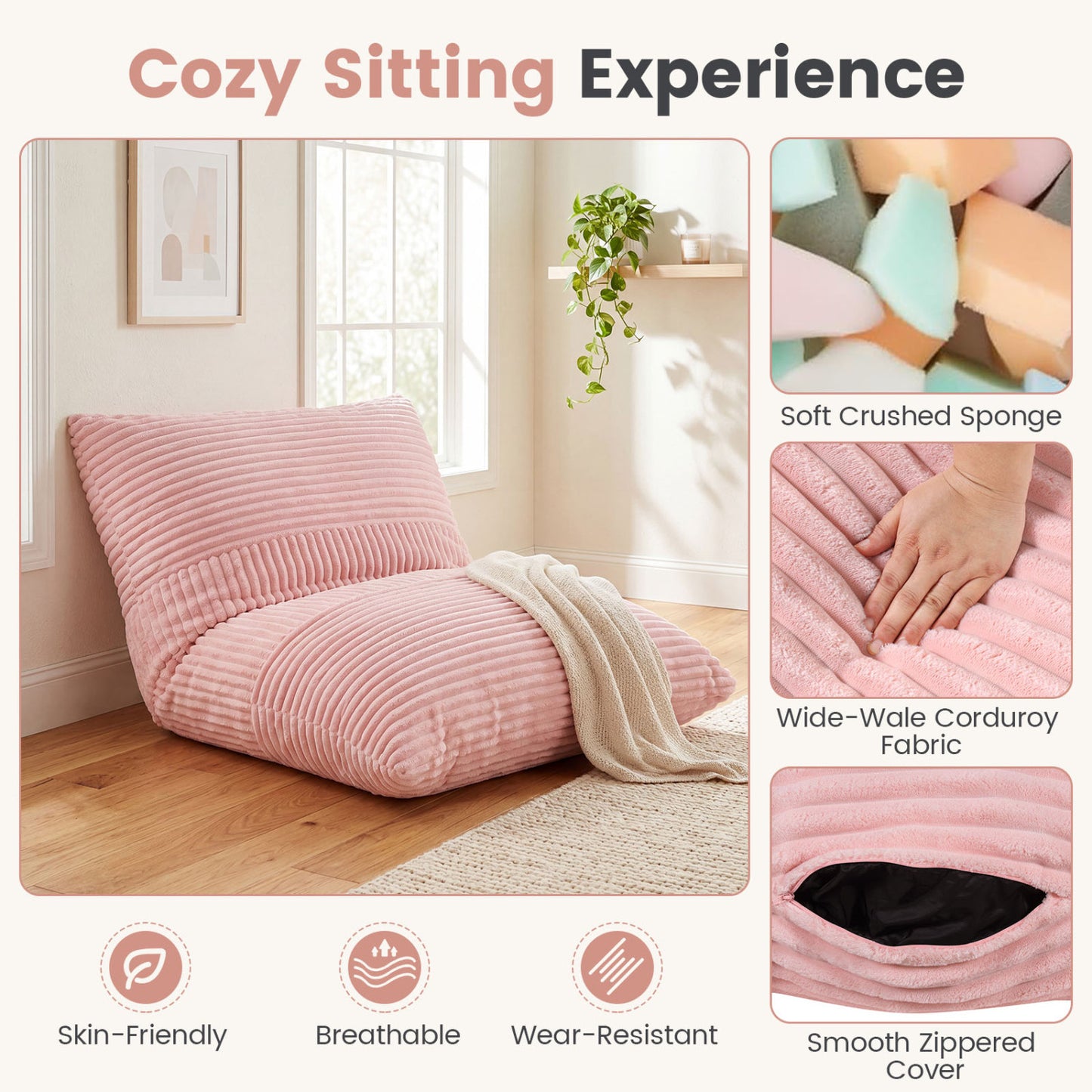 3-in-1 Large Bean Bag Chair, Corduroy, Pink