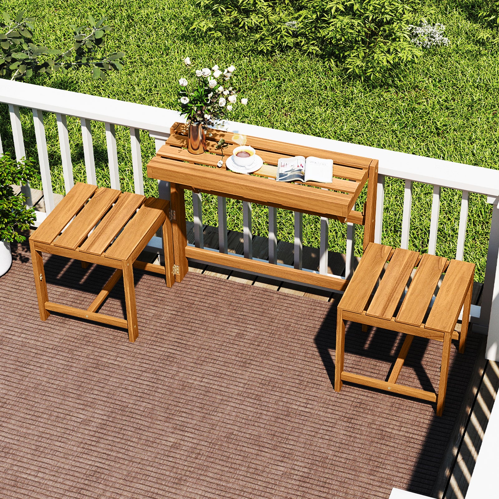 3-in-1 Outdoor Acacia Wood Loveseat Bench Furniture with Slatted Seat Outdoor Benches at Gallery Canada