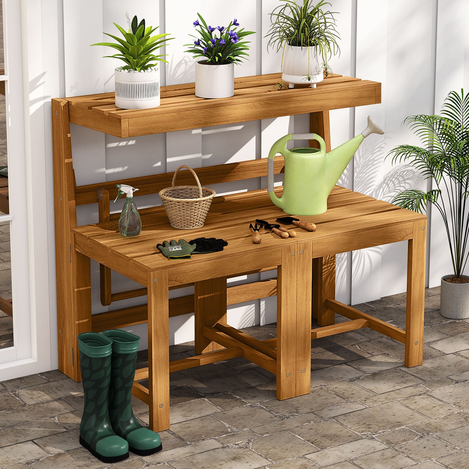 3-in-1 Outdoor Acacia Wood Loveseat Bench Furniture with Slatted Seat Outdoor Benches at Gallery Canada