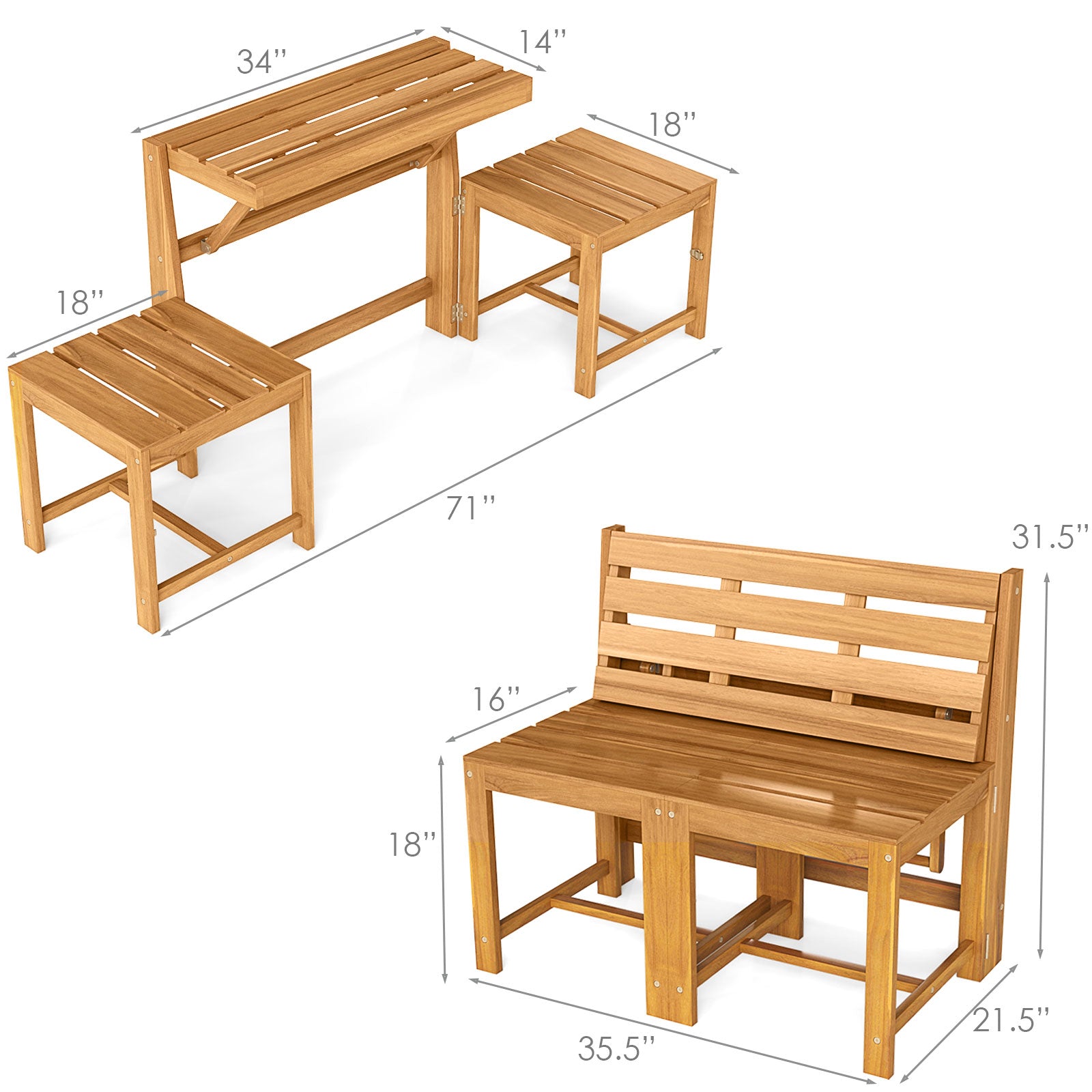 3-in-1 Outdoor Acacia Wood Loveseat Bench Furniture with Slatted Seat Outdoor Benches at Gallery Canada