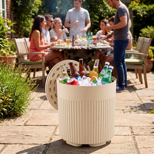 3-in-1 Outdoor Cooler Side Table, Fluted Design, Beige Coolers Beige at Gallery Canada